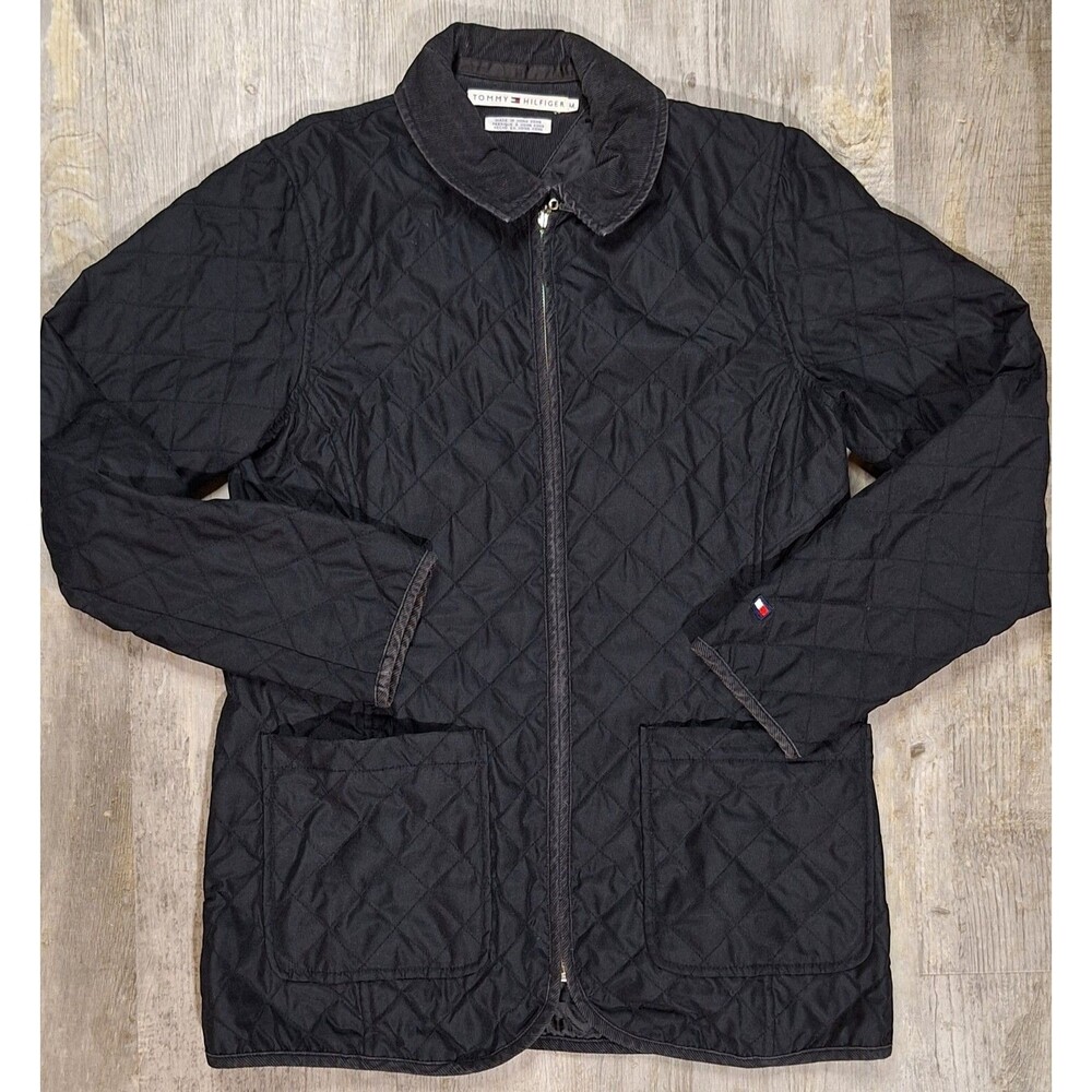 Tommy Hilfiger Men Quilted Jacket Size Medium M Black Full Zip Mock Neck Coat